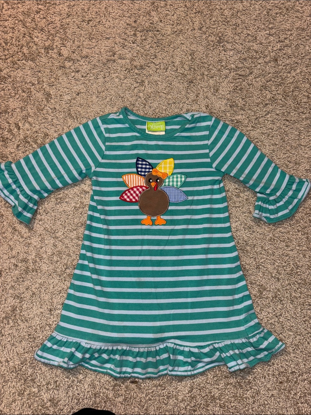 Girls Fall Thanksgiving Teal Striped Turkey Appliqué Ruffle Dress-Classic Whimsy